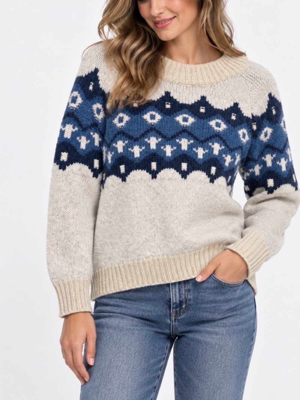 aerie Cream Crewneck Sweater with Navy and Blue Fair Isle Yoke Medium